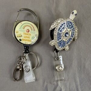 2 Teacher Appreciation ID Reel Gifts With Rainbow Apple And Rhinestone Turtle